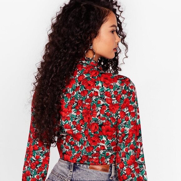 Frenchy Allover Floral Print Tie Neck Lantern Sleeve Blouse - Picture 1 of 9